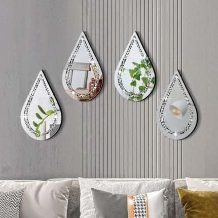 4 Pcs Tear Drop Mirror Wall Decor Silver Diamond Mirrors 7 x 12 Inches Wall Hang Frameless Mirrors
