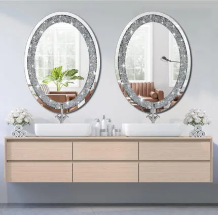 Crystal Crushed Diamond Oval Shaped Mirror Side Bevelled for Wall Decoration 20x26 inch 10mm