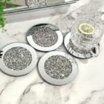 Glass Mirrored Coaster 6 PC, Crushed Diamond Round 4 Cup Mat Decor on Tabletop for Bar Tools Dining Table