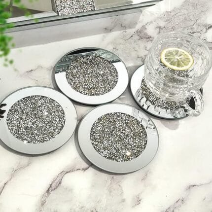 Glass Mirrored Coaster 6 PC, Crushed Diamond Round 4 Cup Mat Decor on Tabletop for Bar Tools Dining Table