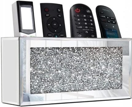 Mirrored Remote Holder, Wall Mounted Crush Diamond Bling Decoration Organizer Storage Box for Remote Phone Pad Wallet Notebook